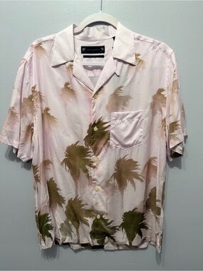 AllSaints ISLAND Short Sleeve Pink Leaf Camp Relaxed Fit Button Up Shirt Size S